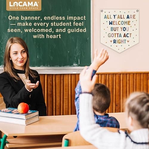 Lacama All Y'all Are Welcome But You Gotta Act Right Banner Boho Classroom Decor，Pastel Classroom Decor, Retro Wall Hanging Banner for Boys Girls Kids Room Playroom Bedroom College Dorm 12X14in thumbnail 2