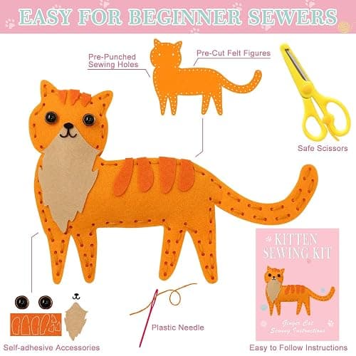 CiyvoLyeen Kitten Craft Kit Kids DIY Crafting and Sewing Set Kitty Cat Stuffed Animal Felt Plushies for Girls and Boys Educational Beginners Sewing Gift Ideas thumbnail 2