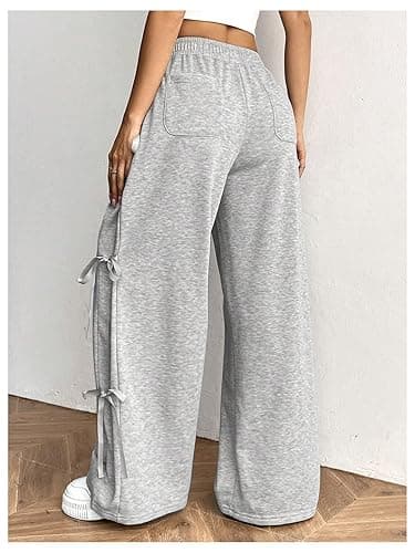 Verdusa Women's Bow Wide Leg Sweatpants Elastic Waist Casual Baggy Pants with Pocket - Medium - Light Grey thumbnail 2