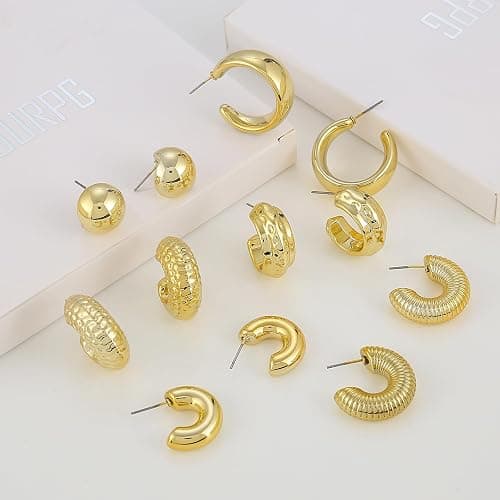 FOURPG 10 Pairs Hypoallergenic Chunky Gold Dangle Earrings for Women Trendy Thick Gold Plated Hoop Earrings Set Lightweight Jewelry thumbnail 7