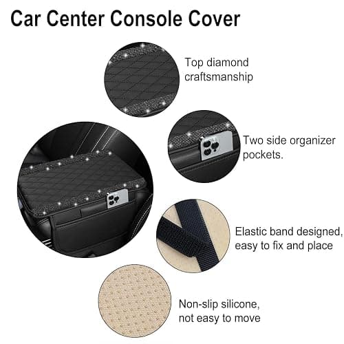 NBTEPEM Bling Car Center Console Cover, Leather Car Arm Rest Cover Cushion with 2 Storage Bags, Universal Automotive Armrest Protector Storage Box, Bling Accessories Interior for Most Vehicles (Black) thumbnail 3