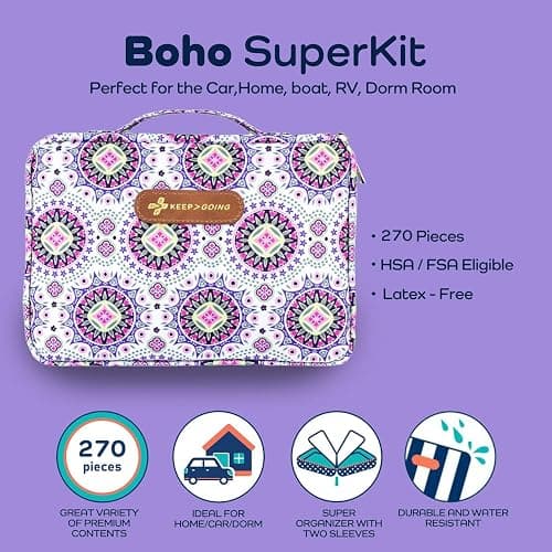 KeepGoing Large Home First Aid Kit for Kids – 270 Pc. for Car, Home, Dorm, & Boat with Latex-Free Bandages – 10 x 7 x 3.5 in. Travel First Aid Kit (Boho) thumbnail 3