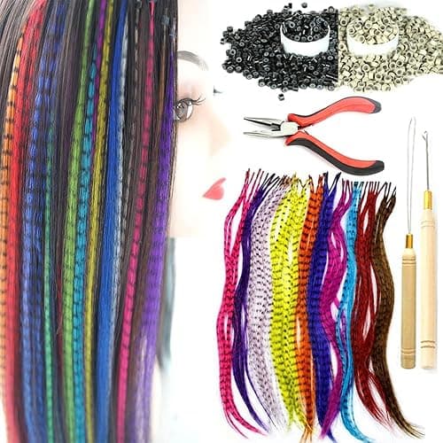 YUDAOHAIR Synthetic Feather Hair Extensions for Women 16 Inch Hairpieces With 100pcs Silicone Micro link Beads And 2 Crochet Hooks Hair Feathers with Tools Kit (16'', 108 feather mix colors) - Image 1