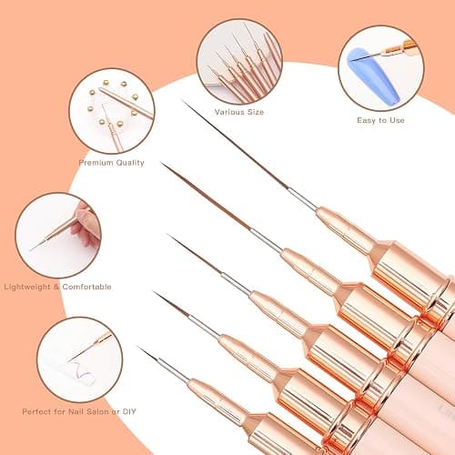 Komall Metallic Nail Art Brushes, 5Pcs Liner Brush Set, UV Gel Polish Painting Art Design Pen for Long Lines, Thin Details, Fine Drawing Sizes 4/8/12/20/25mm(Champagne Gold) thumbnail 6