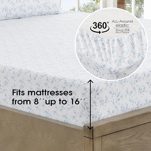 FreshCulture Floral Bed Sheets - Ultra Soft Queen Sheet Set - Brushed Microfiber Blue Floral Sheets - Deep Pockets up to 16" - Easy Care - Hotel Luxury 4 Piece Flower Printed Sheets Queen, Lille thumbnail 4