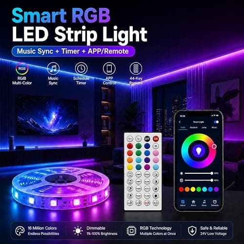 shalaker 20M RGB LED Strip Lights for Bedroom, Music Sync Colour Changing LED Tape with Bluetooth App & Remote, 16M Colours, Dimmable, Timing Mode, Self-Adhesive for Home Party Kitchen Decor thumbnail 3