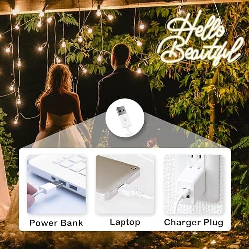 LooKLight Hello Beautiul Neon Sign,Warm White Neon Light Sign,Letters Wedding Neon Signs for Wall Decor,USB Powered Led Light Up Signs For Wedding Party Bedroom Birthday Beauty Salon thumbnail 3