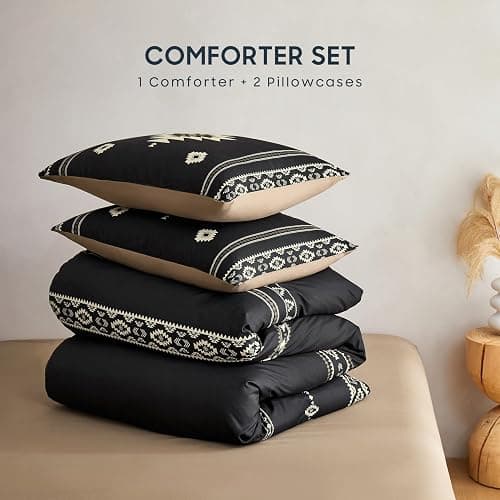 Wake In Cloud - Western Comforter Set, Boho Southwestern Farmhouse Style with Aztec Diamond Geometric Pattern, Soft Lightweight Bedding, 3 Pieces, Black Brown, Queen Size thumbnail 2