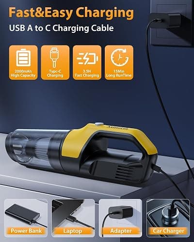 XenonLab Handheld Vacuum Cordless 1.1 Pounds Car Vac 10000PA Hand Held Vacuums 4-in-1 Hand Vac Cordless Rechargeable HEPA Filter Large Capacity Dust Cup for Car Office Home Pets Hair (Yellow) thumbnail 6