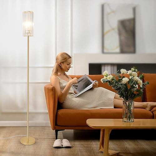 HMVPL Gold Floor Lamp for Living Room, Brass Pole Standing Lamp with K9 Crystal Shade, Modern Corner Standing Lamp for Bedroom with On/Off Switch, Elegant Crystal Tall Lamp for Office Kids Girls Room thumbnail 3
