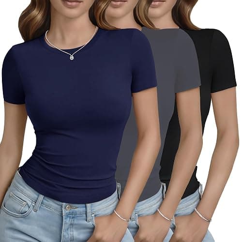 GAYHAY 3 Pack Basic Tees for Women - Crew Neck Slim Fit Tight T Shirts Cute Y2K Trendy Crop Tops Clothes for Casual Summer - Image 1