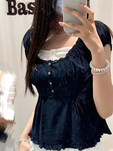 Alyweatry Women Y2k Coquette Shirt Cute Short Sleeve Vintage Fairy Grunge Aesthetic Ruffle Crop Top 90s Preppy Clothes thumbnail 2