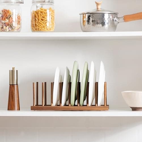 HBlife 2pcs Acacia Wooden Dish Dying Rack Pot Lid Plate Organizer Holder for Cabinet, Cutting Board Stand Drainer Storage Plate Rack for Dish, Pot Lid, Bowl, Cup, Cutting Board and Books thumbnail 7