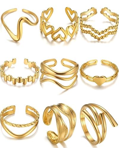 BETTY&SARAH 9PCS Gold Rings for Women Non Tarnish, 18K Gold Plated Chunky Adjustable Stackable Rings, Open Stacking Knuckle Ring Set Gifts - Image 1