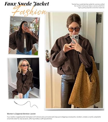 Bnigung Womens Faux Suede Bomber Jacket Oversized Long Sleeve Cropped Coat | Lightweight Going Out Suede Jackets, 2 Pockets, Lapel Collar, Batwing Sleeve, Zip up, Outerwear for Casual Daily Vacation thumbnail 6