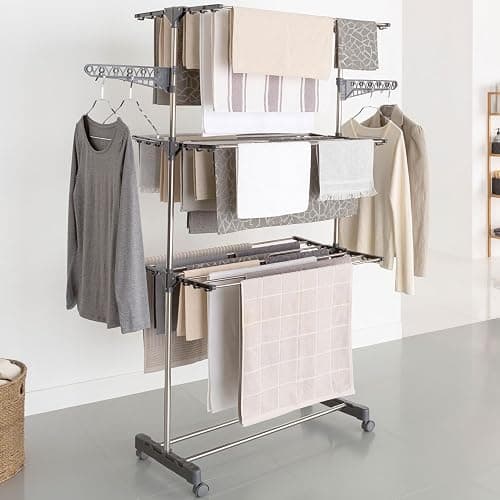 IDMarket - Séchoir à Linge Vertical Pliable 3 Niveaux Maxima capacité 20M INOX et Gris thumbnail 2