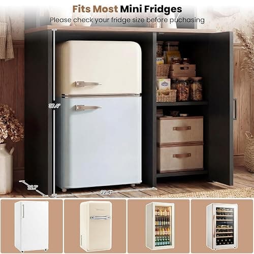 Unikito Mini Fridge Cabinet with Storage, Power Outlet & LED Light, Black | Coffee Bar Cabinet, Liquor Wine Bar Stand with Mini Fridge Space and Microwave Shelf, Beverage Station for Home Kitchen thumbnail 5