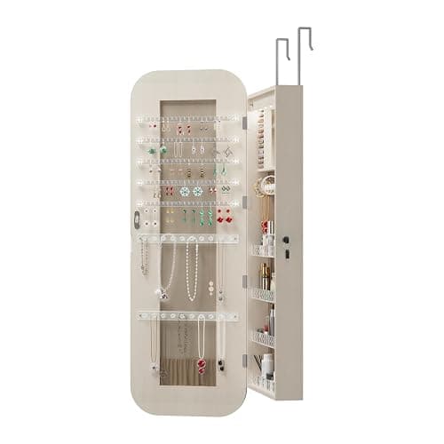 Noeko Jewelry Cabinet Wall/Door Mounted, Jewelry Armoire Organizer, 3.7 x 14.5 x 47.2 Inches Lockable Storage Cabinet, Interior Lighted Mirror, Gift Idea, White thumbnail 8