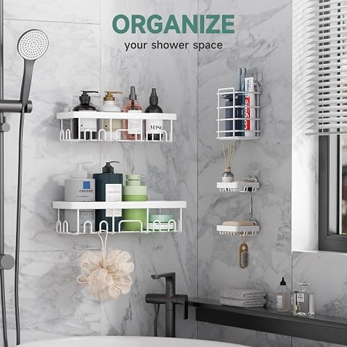 Veken Adhesive Shower Caddy 5-Pack,Heavy Weight Bearing,Large Wall Mounted Shower Shelves Rack,Organizer Storage Accessories with Soap Dish&Toothbrush Holder,Ideal for Bathroom,Home&Kitchen,White thumbnail 3