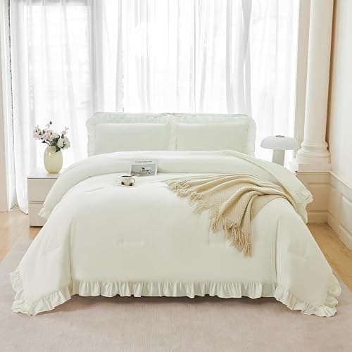 ANGIYUIN 5Pcs Full Szie Comforter Set Ivory Ruffle Bed in A Bag with Sheets Beige Farmhouse Aesthetic Bedding Comforter Set Soft Fluffy Bed Sets for Kids Teens(Ivory Full) - Image 1