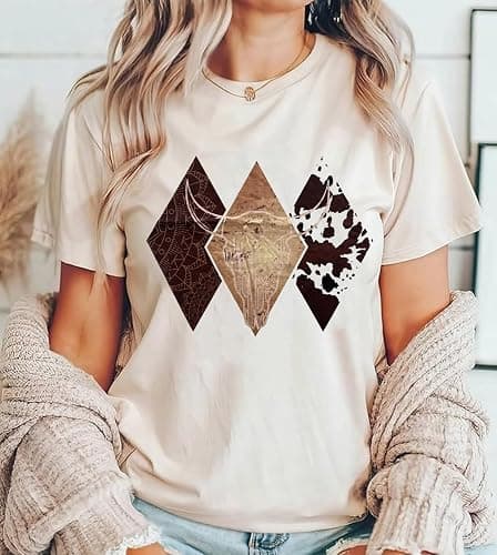Women's Vintage Cowboy Western T-Shirts Cute Cow Skull Graphic Rodeo Shirts Funny Cowgirl Country Concert Tee Tops thumbnail 2