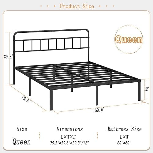 Kujielan 12 inches Queen Size Bed Frame with Minimalist headboard,Metal Platform Base with Strong Metal Slats,Mattress Foundation for Under Bed Storage,Easy Assembly,Black - Queen - 12 INCH thumbnail 3