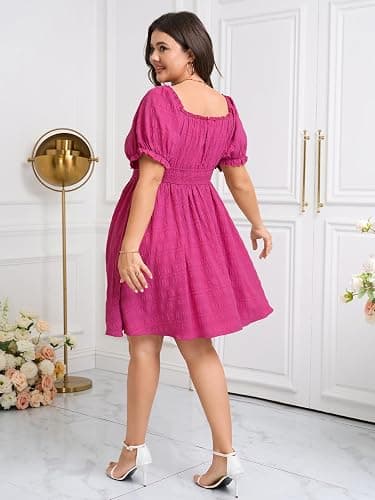 SCOMCHIC Womens Plus Size Summer Dresses Casual Sun Dress Sweetheart V Neck Puff Short Sleeve Smocked A Line Mini Dress thumbnail 6