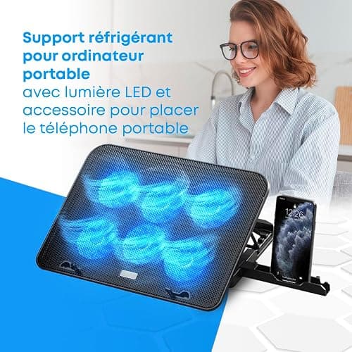 NK Base de Refroidissement Portable - Ventilateur pour Ordinateur Portable 12-17", Réglables en Hauteur, 6 Ventilateurs Silencieux, 2 Ports USB, Refroidissement Rapide, lumière LED Bleue - Noire thumbnail 2