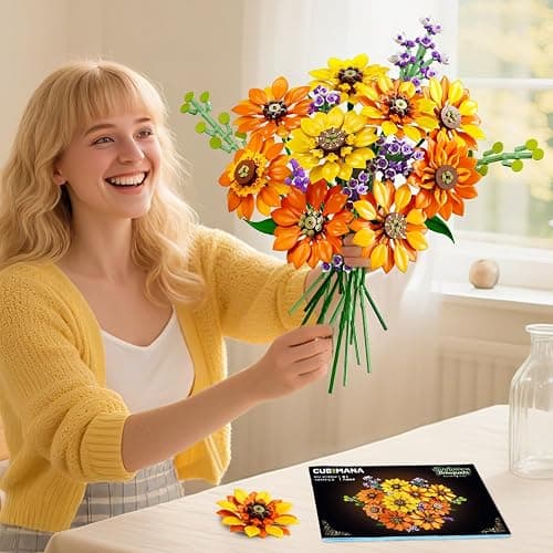 CUBIMANA Flowers Sunflower Bouquet Building Set with Lights - 17 Flowers Botanical Collection Artificial Plant Sunflower Building Blocks Art Home Decor Valentines Gifts for Adults Women Girl (1011PCS) thumbnail 2