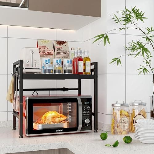Mointal Verstellbares Mikrowellenregal, 2-Stufig Erweiterbares Küchen Mikrowelle Ständer Regal, Mikrowellenhalter aus Kohlenstoffstahl, Küchenaufbewahrung Organizer mit 8 Haken, Schwarz thumbnail 2