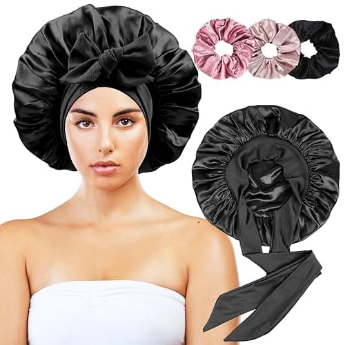 Satin Bonnet for Sleeping Women,Double Layer Hair Bonnet for Sleeping with Tie Band for Curly Hair Braids Long Hair Black - Image 1