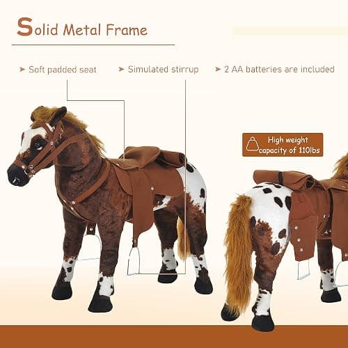 Qaba Sound-Making Ride On Horse for Toddlers 3-5, with Neighing and Galloping Sound, Stuffed Animal Horse Toy for Kids with Padding, Soft Feel, Brown thumbnail 6