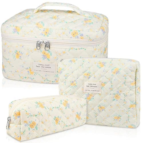 Gosect Quilted Makeup Bag Set, Large Floral Cosmetic Bag for Women, Cute Cotton Makeup Bag, Flower Travel Toiletry Organizer Bag (Yellow Daylily) - Yellow Daylily - Image 1