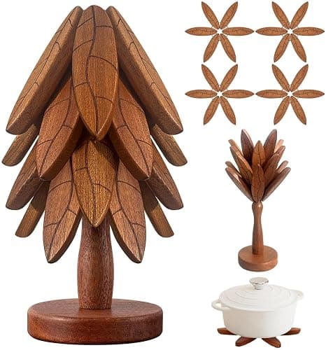 Tree Coasters, Wooden Trivets for Hot Dishes/Pot/Bowl/Teapot/Pans, Tree Shape Trivet Set - 4 Wooden Trivets + 1 Stand Stored, Kitchen Decor Gifts for Him/Her (Leaf Pattern - 4Pcs) - Image 1