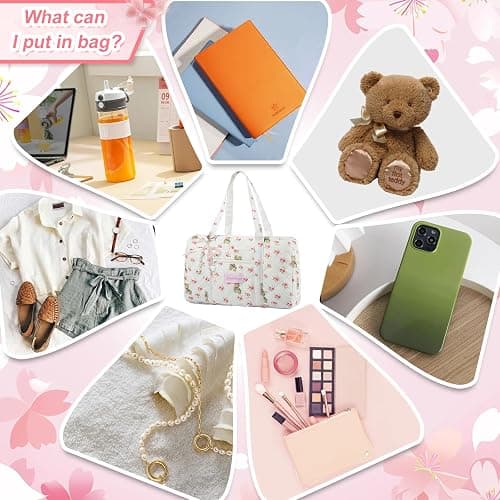 Coquette Tasche mit Schleife, Schlüsselanhänger, Weiß / Rosa, Blumenmuster, Reisetasche, für Damen, Sweetly Bunny Handtasche, niedlich, gesteppt, Puffertasche, Schultertasche, Handgepäcktasche für thumbnail 5