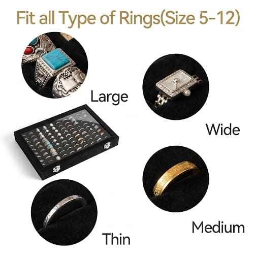 Frebeauty Ring Organizer Tray 100 Slots Ring Holder with Clear Lid Velvet Storage Box Jewelry Tray for Jewelry Store Earring Display Case for Jewelry Show Studs Box for Women(Black) thumbnail 6