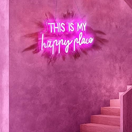Neon Signs for Wall Decor - This Is My Happy Place Neon Signs for Teen Girls Bedroom Decor, Pink Led Neon Lights for Wall Decor, Nightstand Light, Dimmable Switch USB Power, Adhesive Hook Included - This is my happy place-pink thumbnail 7