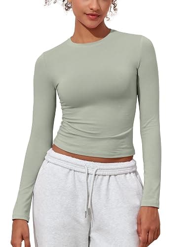 PrettyGuide Womens Cotton Long Sleeve Shirts Tight Fit Basic Y2K Crop Tops | Crew Neck Basic Tee, Fitted Going Out Tops, Compression Underscrubs Shirt, Layering Undershirt, Fall Outfits, Work Daily Wear - Image 1