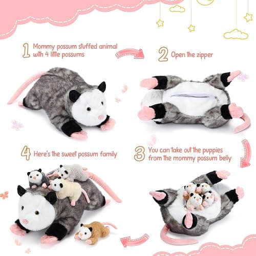 Hollowfly 5 Pcs Stuffed Opossum Mommy Possum Plush with 4 Baby Opossums Stuffed Toy on Her Back, Magnetic Attraction Cotton Plush Animal Toy Gift for Boys Girls Possum Lover(Cute) thumbnail 5