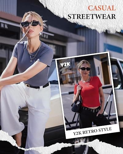 GAYHAY 3 Pack Basic Tees for Women - Crew Neck Slim Fit Tight T Shirts Cute Y2K Trendy Crop Tops Clothes for Casual Summer thumbnail 4