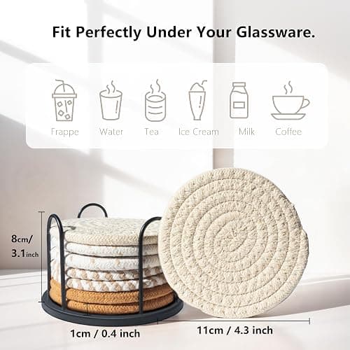 Lazebox Coasters Set of 8 for Drinks, Beer, Coffee, Cotton Woven 4 Colors Absorbent Coaster with Holder, Boho Coasters for Home Decor Tabletop Protection Suitable for Kinds of Cups, Coffee thumbnail 3
