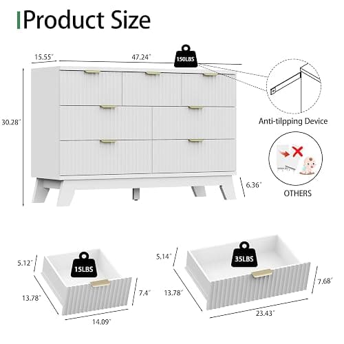 Xixini Fluted Dresser for Bedroom with 7 Drawers, 48" Wide Modern Chest of Drawers with Metal Handle, Wooden Dresser TV Stand, Wood Closet Clothes Storage Organizer for Living Room, Hallway, White thumbnail 2