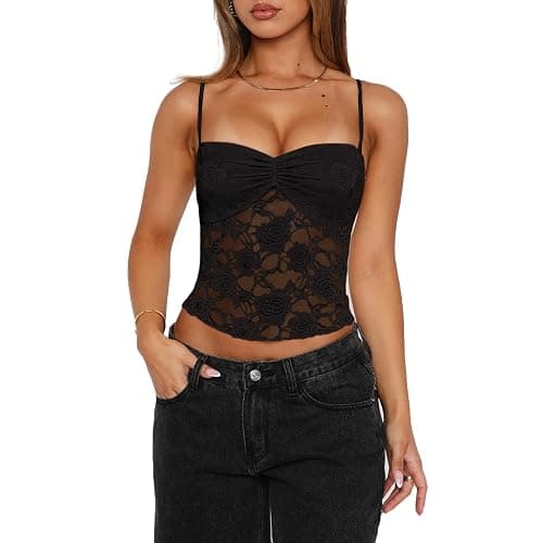 Women Lace Floral Cami Tank Top Spaghetti Strap Backless Camisole Y2k Sleeveless Slim Fit Going Out Top Shirt - Image 1