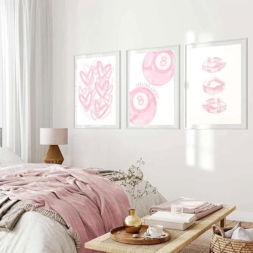 3Pcs Trendy Pink Preppy Canvas Wall Art Light Pink Cute Girly Lips Lucky 8 Ball Hearts Paintings Pictures Wall Decor Coquette Poster Printing Artwork for College Dorm Room Bedroom Home Decoration thumbnail 2