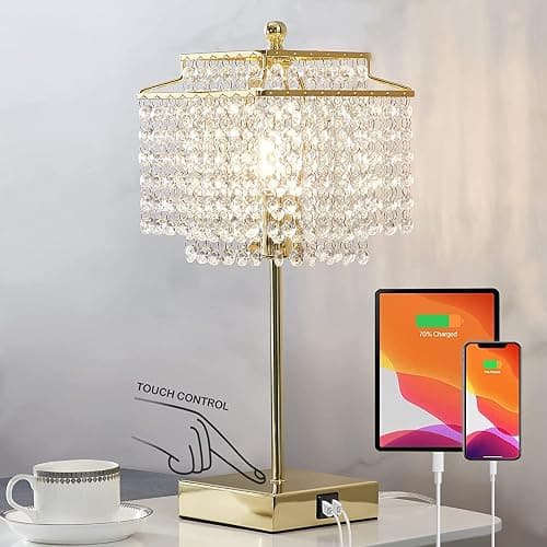 Luvkczc Crystal Touch Table Lamp, Bedside Lamps with with USB C+A Ports, Gold Bedroom Lamp, Dimmable Lamp with Crystal Shade, Nightstand Lamps for Bedroom, Living Room, Bulb Included - Image 1