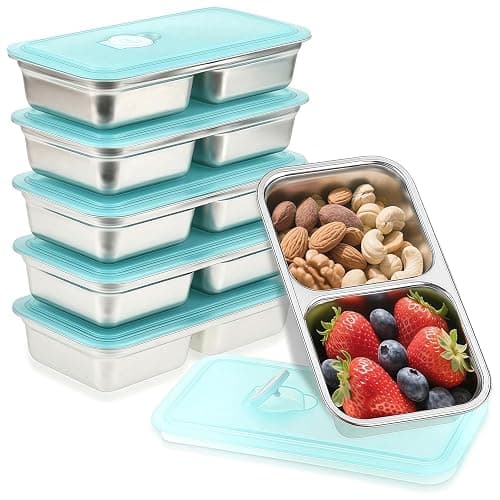 BSTUR Stainless Steel Snack Containers, 6-Pack Reusable Grab and Go Containers with Lids, Dual Compartment Bento Box for Travel, Camping & Lunch Prep - Image 1