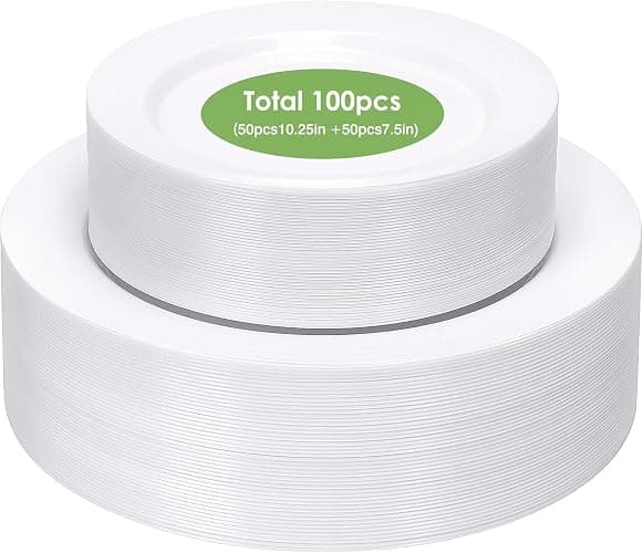 Moretoes 100PCS White Plastic Plates Disposable 10.25inch Dinner Plates and 7.5inch Dessert Salad Plates Heavy Duty Plates for Wedding Party and Birthday - Image 1