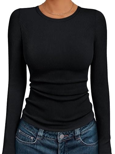 AUTOMET Long Sleeve Shirts Blouses Fall Fashion Ribbed Basic Tops Winter Clothes - Image 1