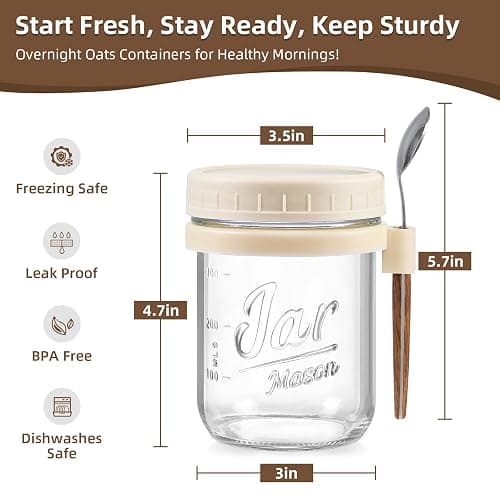 6 Pack Overnight Oats Containers with Lids and Spoons, 16 oz Glass Mason Overnight Oats Jars, Large Capacity Airtight Jars for Milk, Cereal, Fruit(Beige） thumbnail 3
