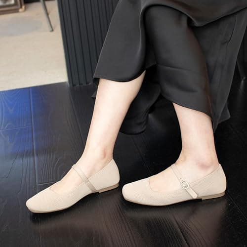 Soesyi Knit Flats for Women Square Toe Flats Casual Ballet Flats with Ankle Strap,Mary Jane Shoes Women Comfortable for Dressy Office thumbnail 6